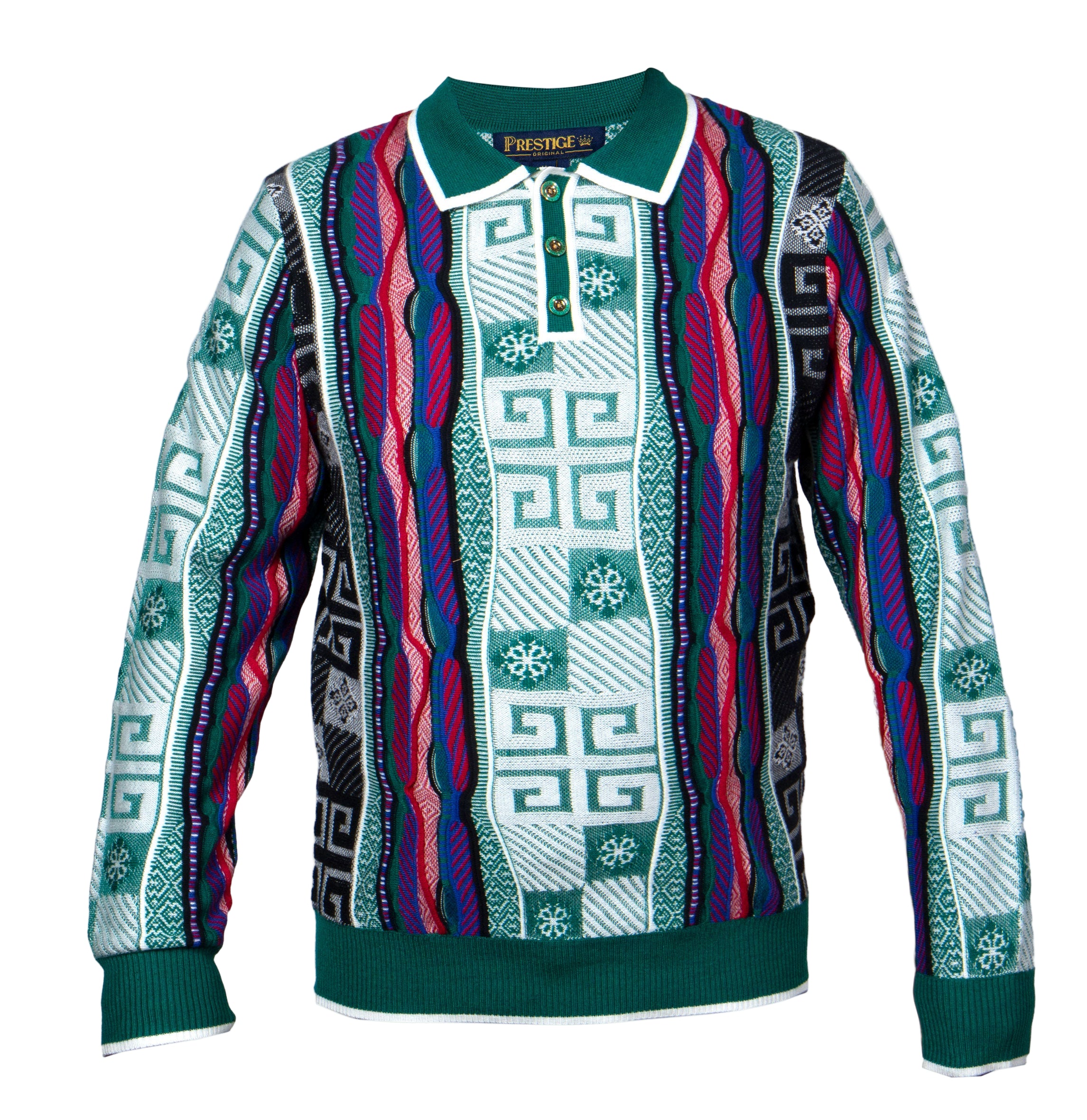Colorful patterned sweater with green collar on a white background