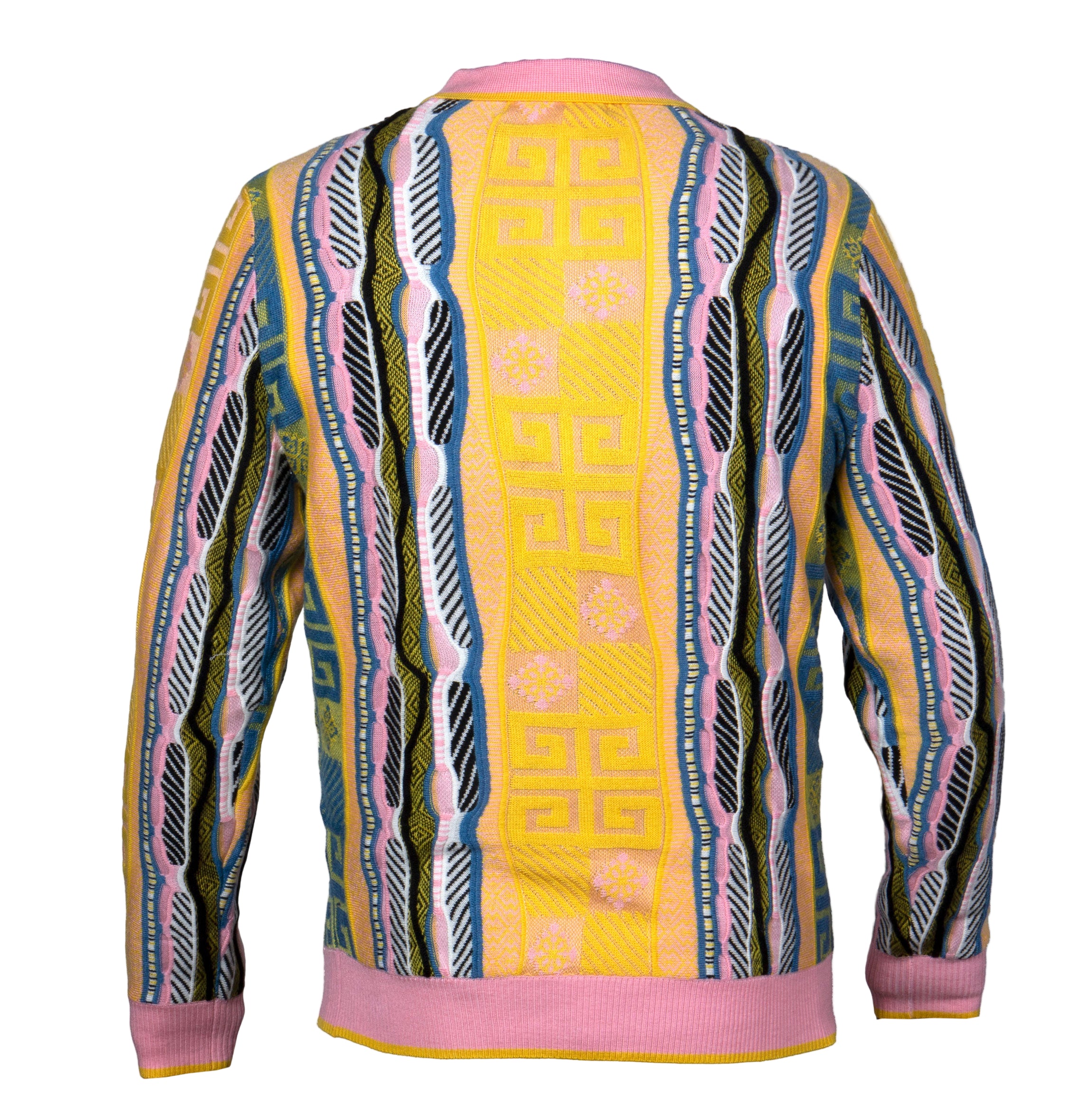 Colorful patterned sweater with pink trim on a white background