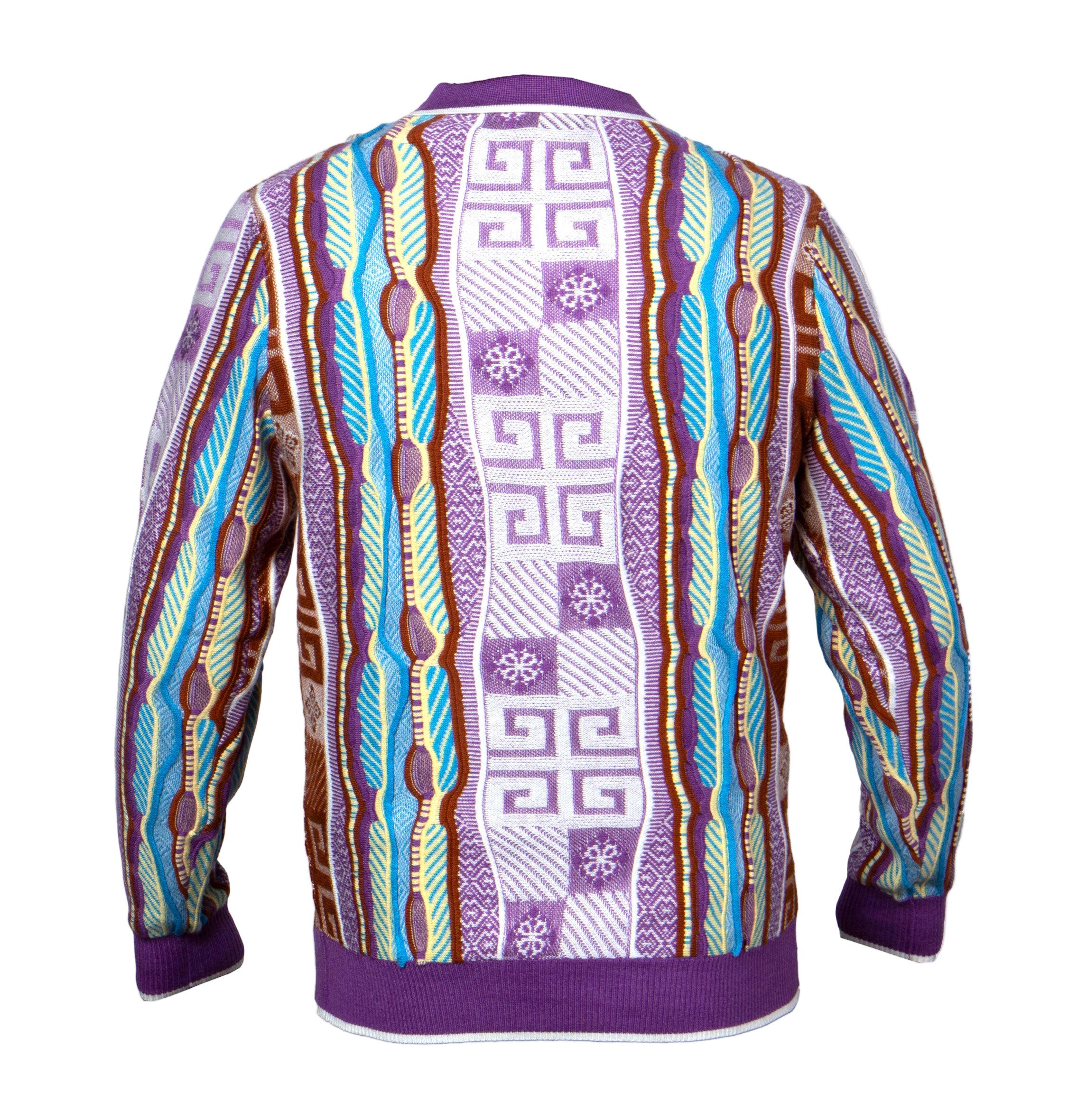 Color swatch of a sweater with a purple border and multicolored pattern on a white background