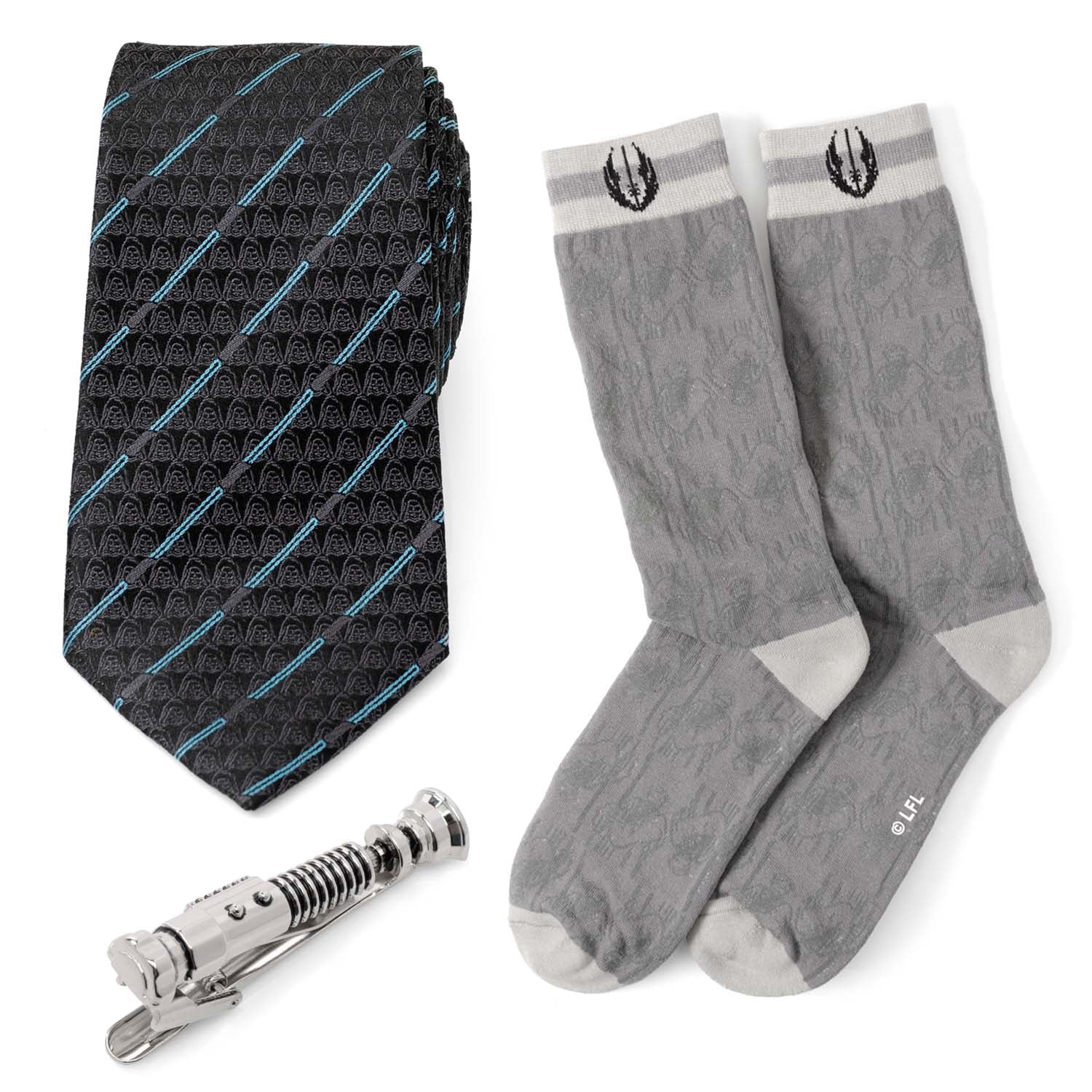 Star Wars Obi-Wan Kenobi Blue LIGHTSABER Pattern Black Tie, Tie Clip, and Gray Jedi Crest Dress Socks Gift Set