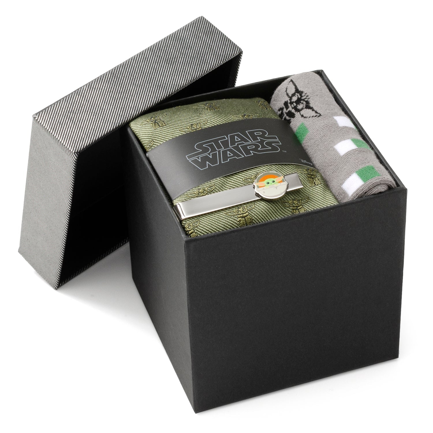 Star Wars Grogu Green Tie, Gray Dress Socks, and Tie Bar Gift Set