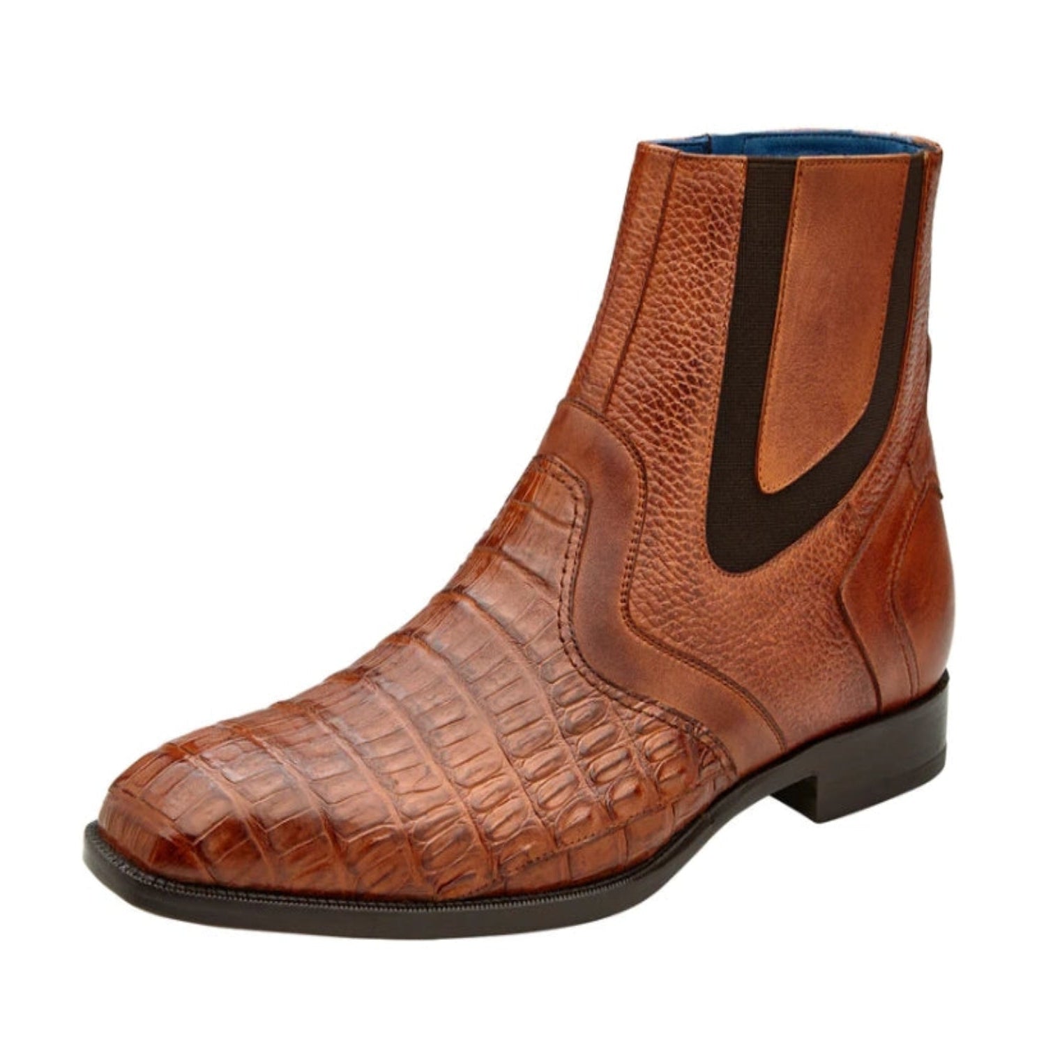 Brown leather boot with a textured pattern on a white background