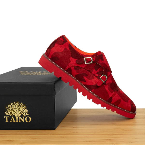 Tayno The Freshman Double Monk Strap Suede Sneaker Red Camouflage