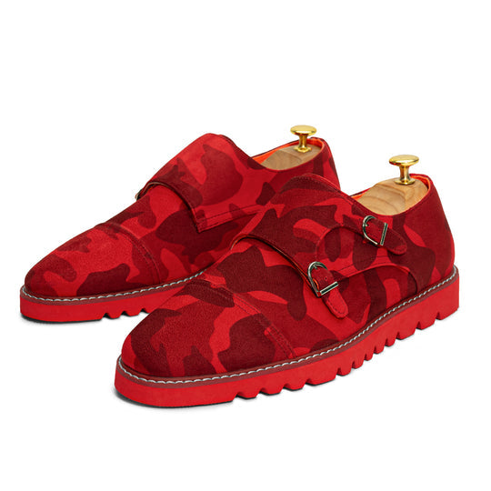 Tayno The Freshman Double Monk Strap Suede Sneaker Red Camouflage