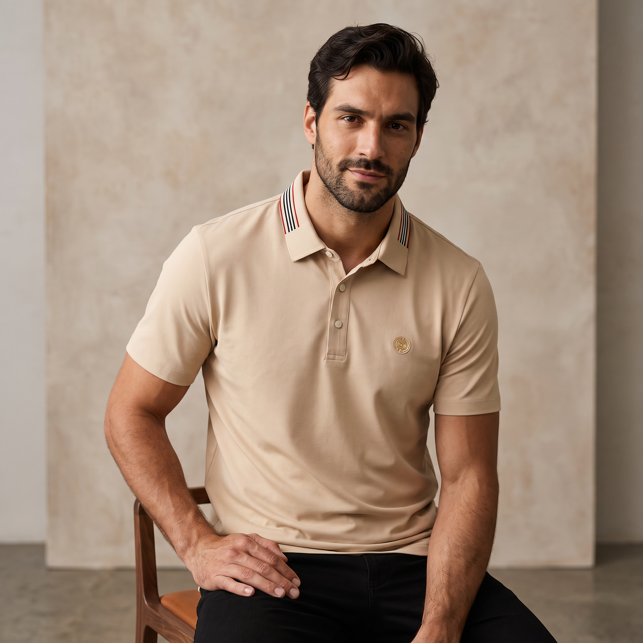 Stripe Collar Performance Polo – El Baron KHAKI
