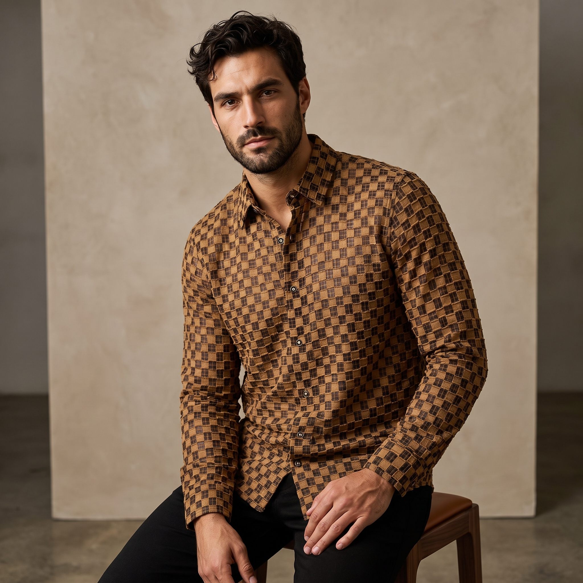 Textured Grid Shirt KHAKI