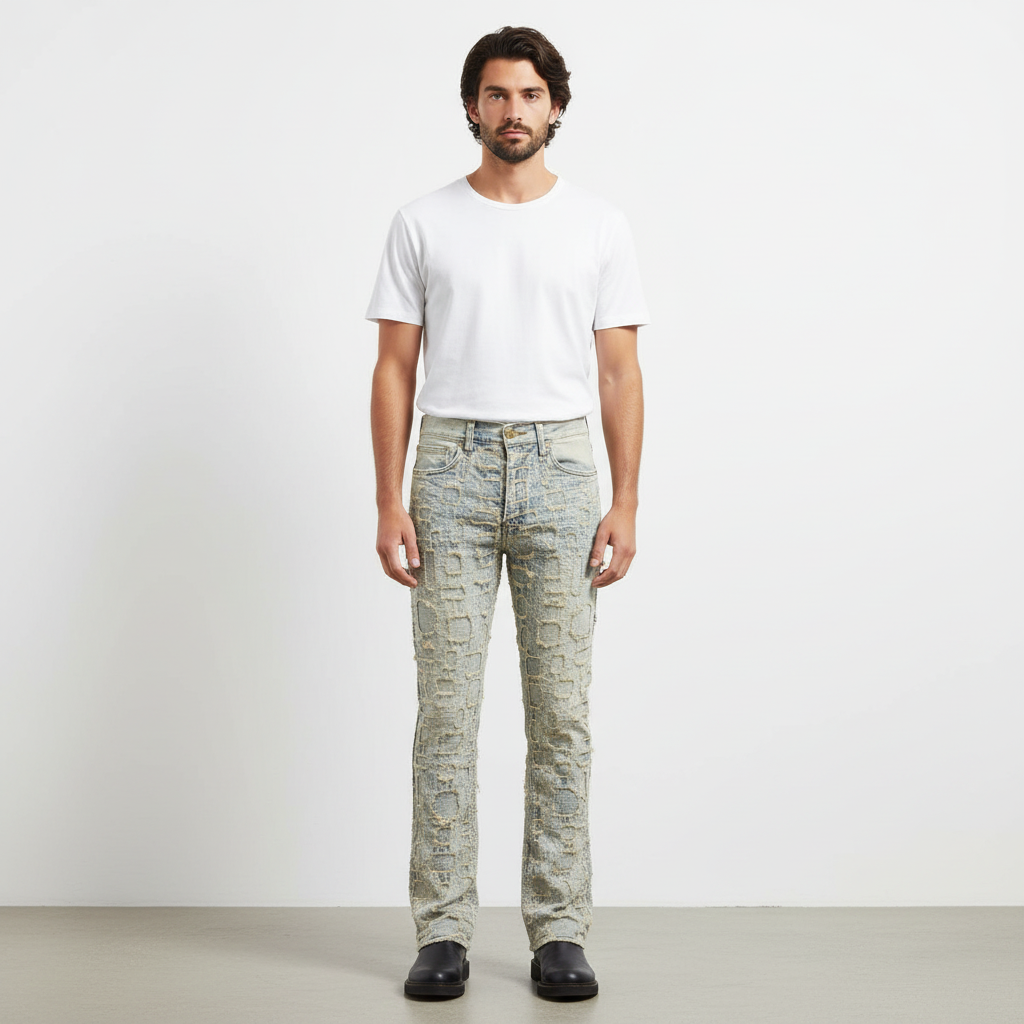 Patchwork Distressed Denim Jeans - Century Penthouse TAN