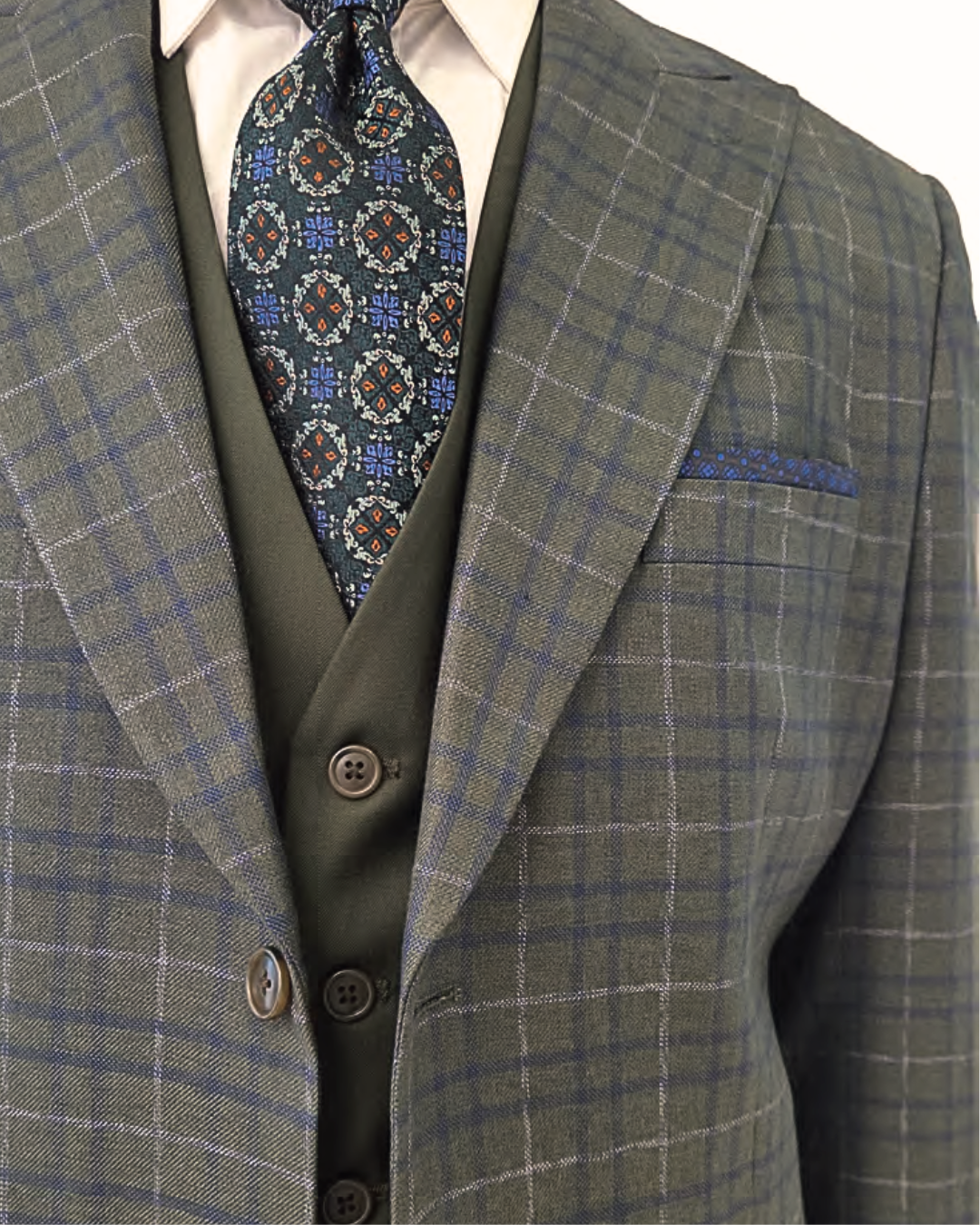 Steve Harvey 226704SHS 3 Pieces Suits Olive Blue Windowpane