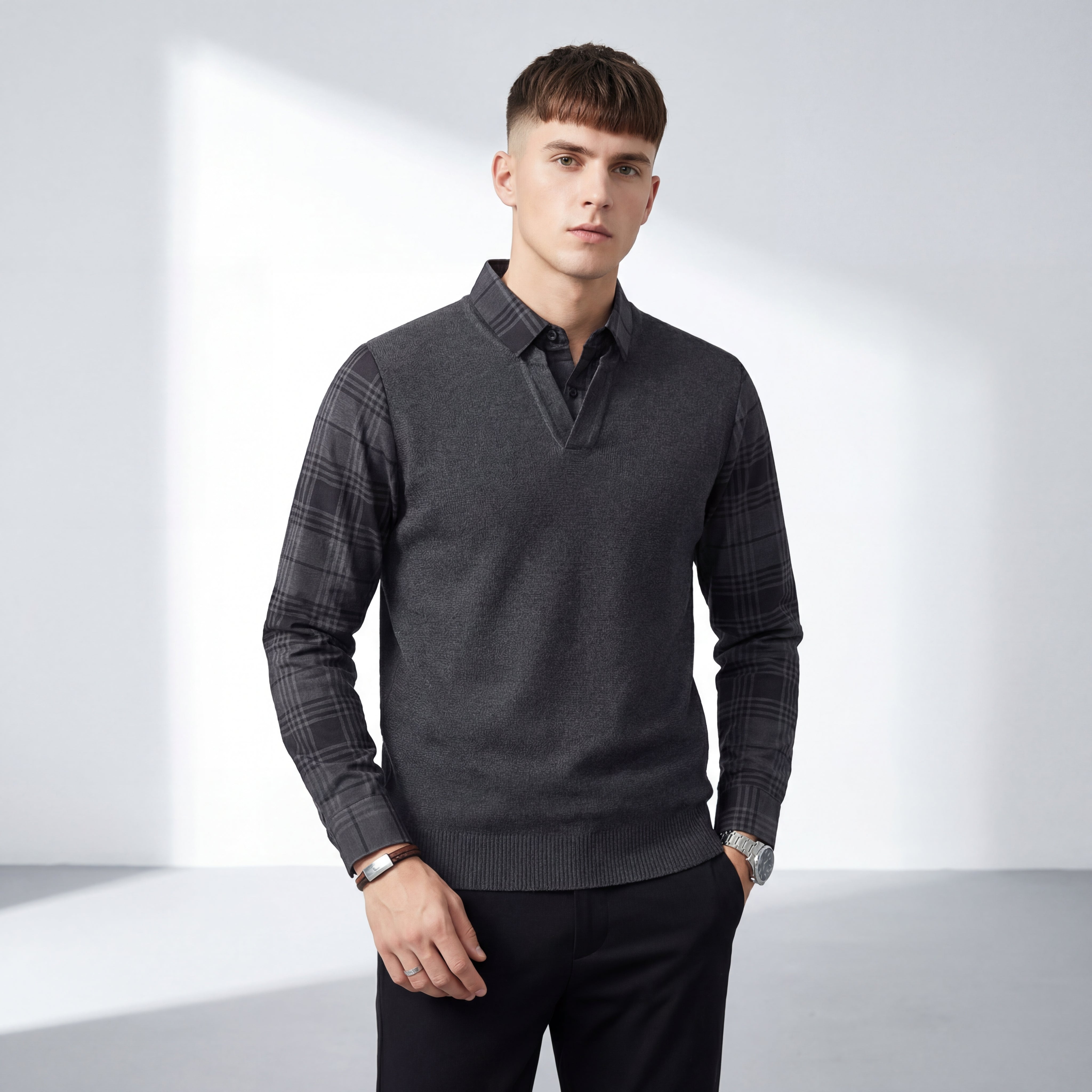 Dual-Layer Knit Fusion LS Sweater Shirt GREY
