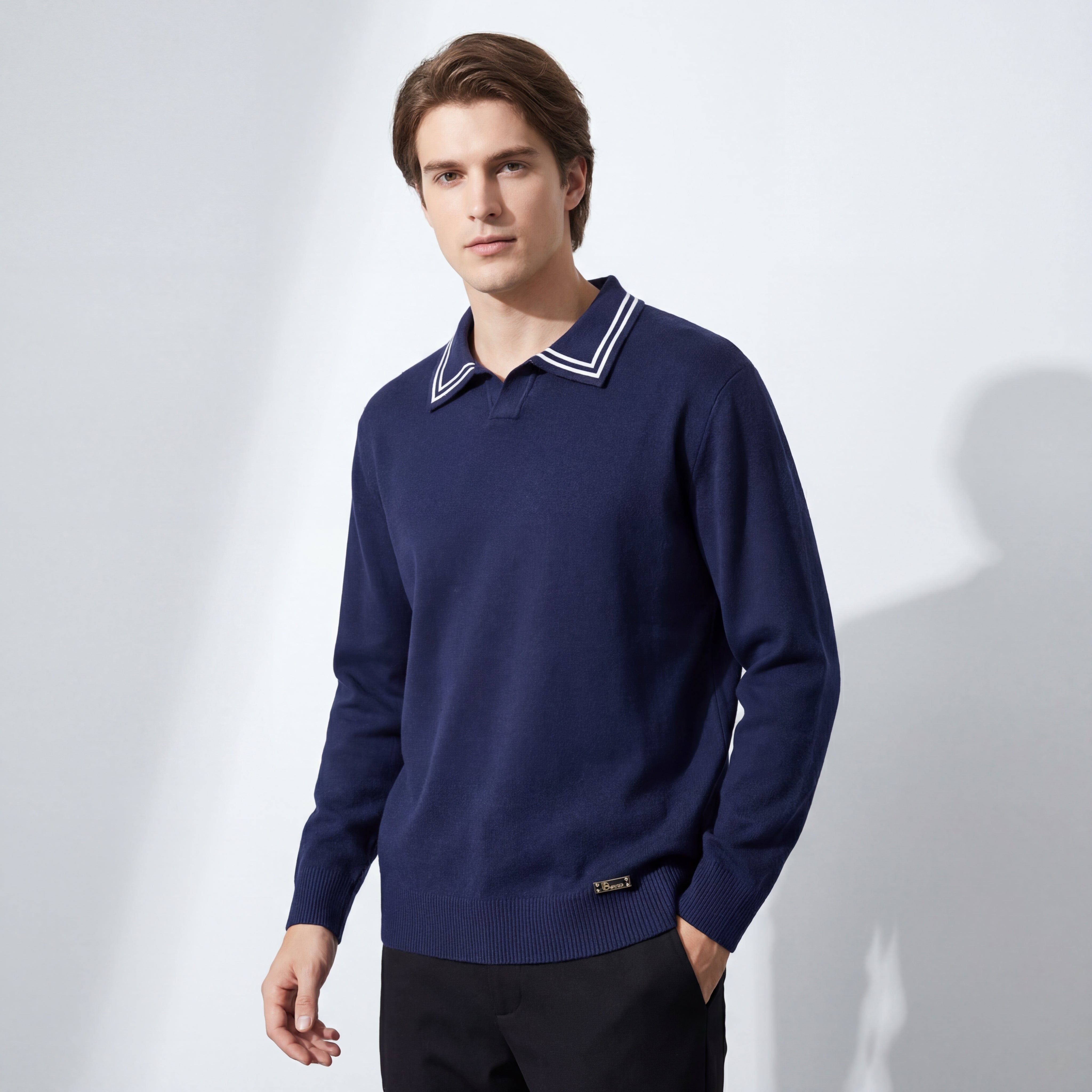 Monarch Tipped Collar Knit Polo LS NAVY