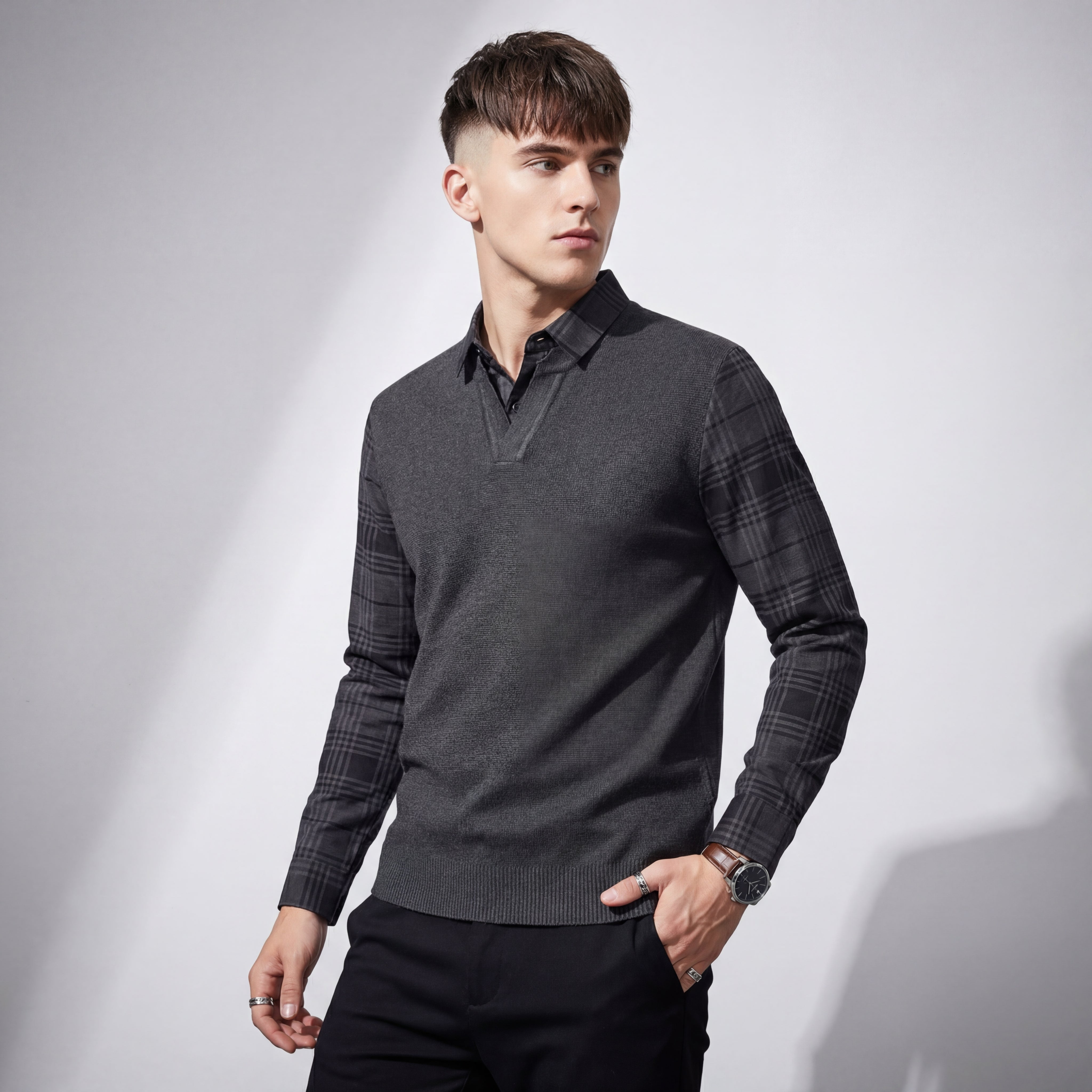 Dual-Layer Knit Fusion LS Sweater Shirt GREY