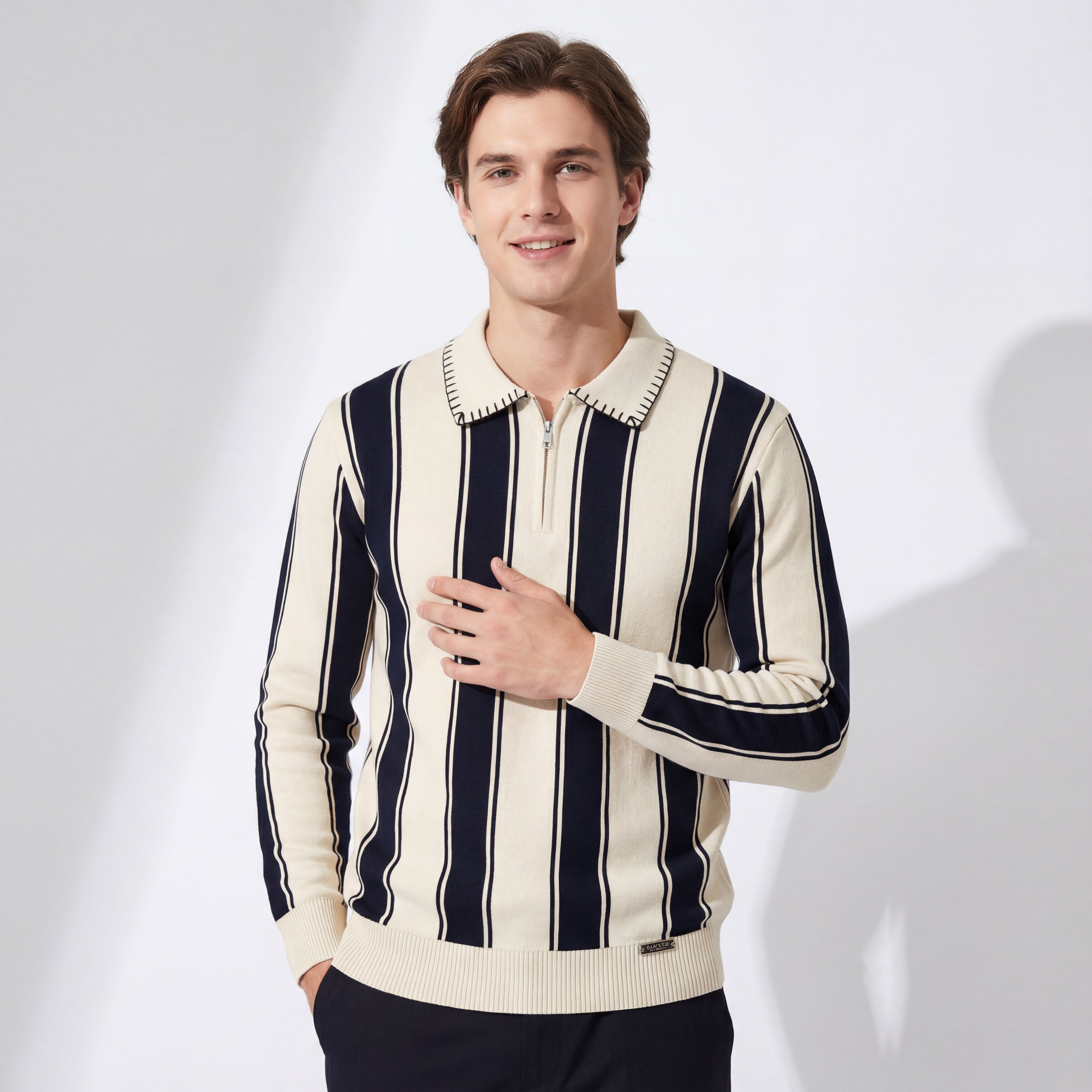 Vanguard Stripe Knit Polo LS IVORY