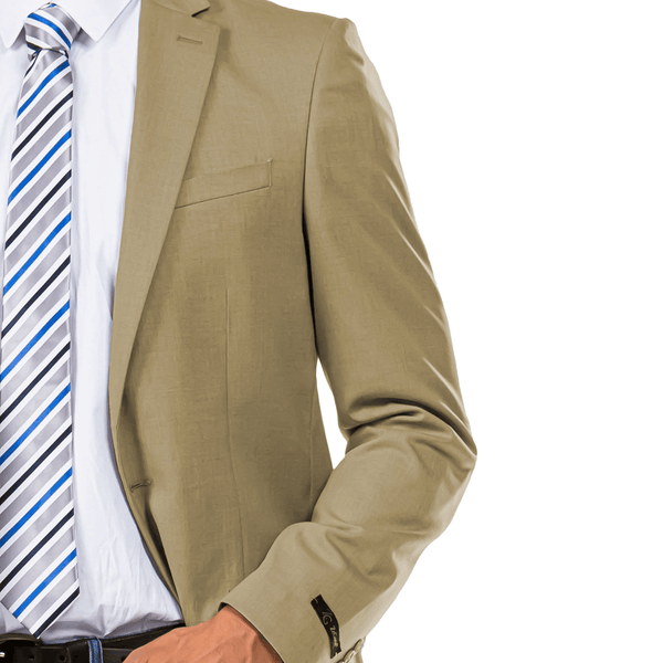 A close up of a tan blazer jacket.