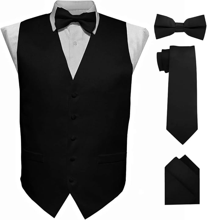 Vittorio Farina Men's Satin Vest, Necktie, Bow Tie and Pocket Square Set Black