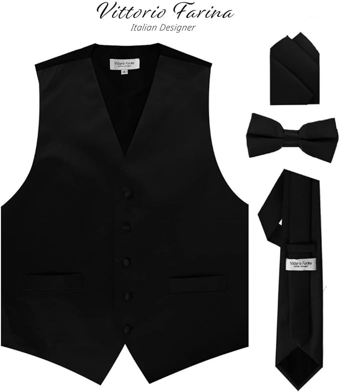 Vittorio Farina Men's Satin Vest, Necktie, Bow Tie and Pocket Square Set Black