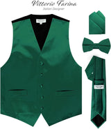 Vittorio Farina Men's Satin Vest, Necktie, Bow Tie and Pocket Square Set Hunter Green