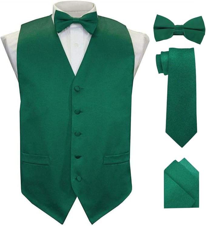 Vittorio Farina Men's Satin Vest, Necktie, Bow Tie and Pocket Square Set Hunter Green