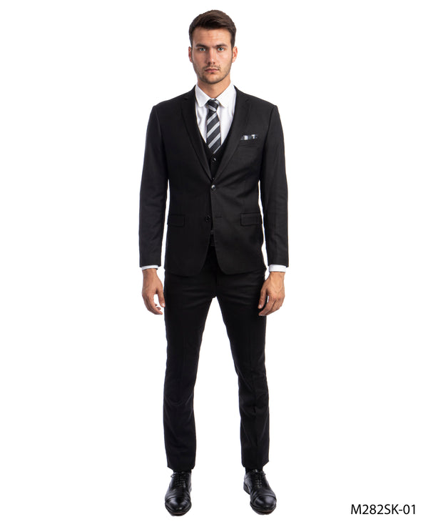 Black 3 PC Solid Suit Skinny Fit Suits