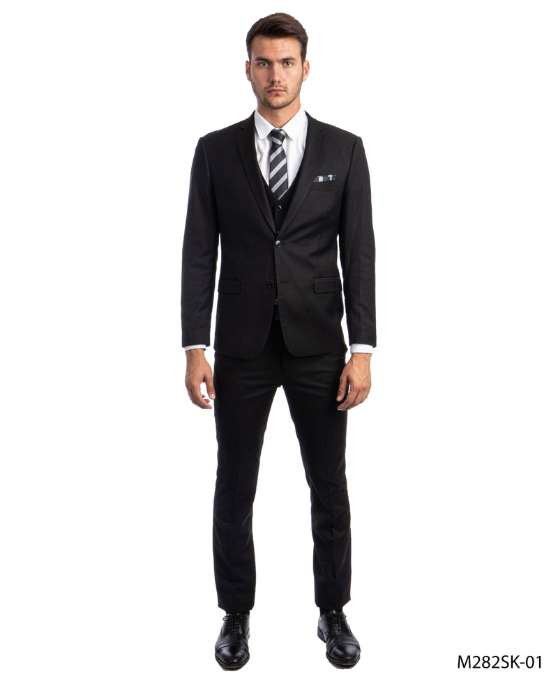 Black 3 PC Solid Suit Skinny Fit Suits