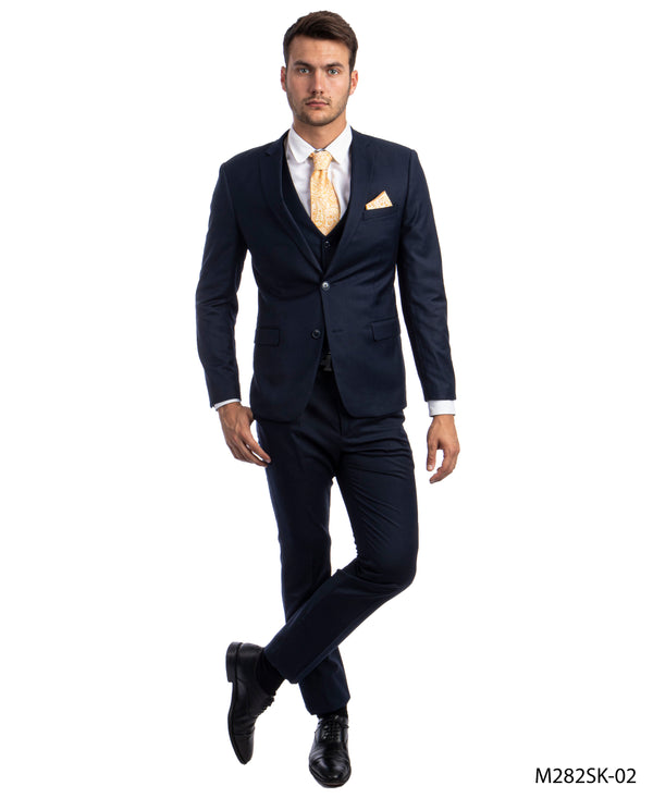 Navy Blue 3 PC Solid Suit Skinny Fit Suits