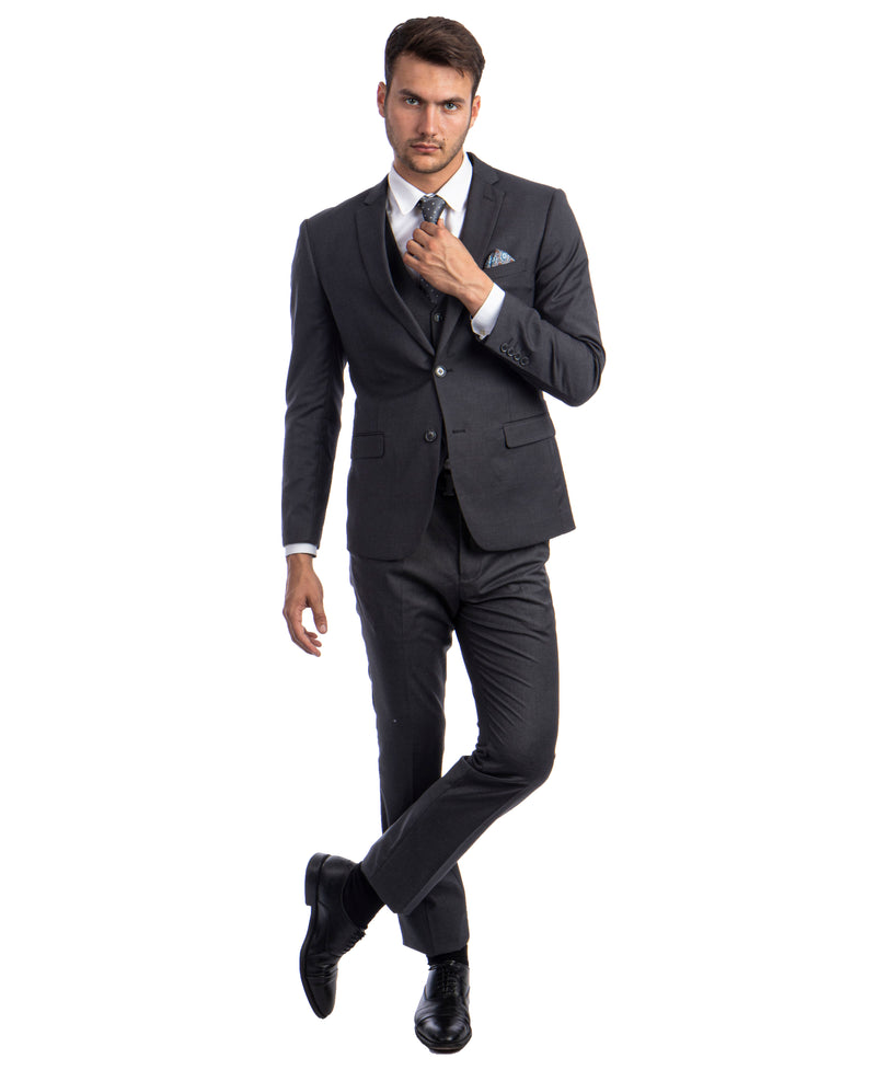 Charcoal Gray 3 PC Solid Suit Skinny Fit Suits