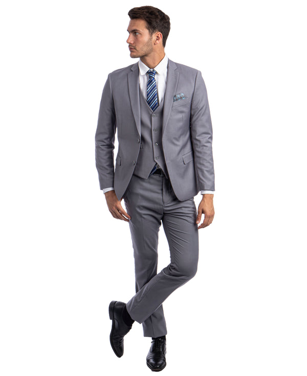 Gray 3 PC Solid Suit Skinny Fit Suits