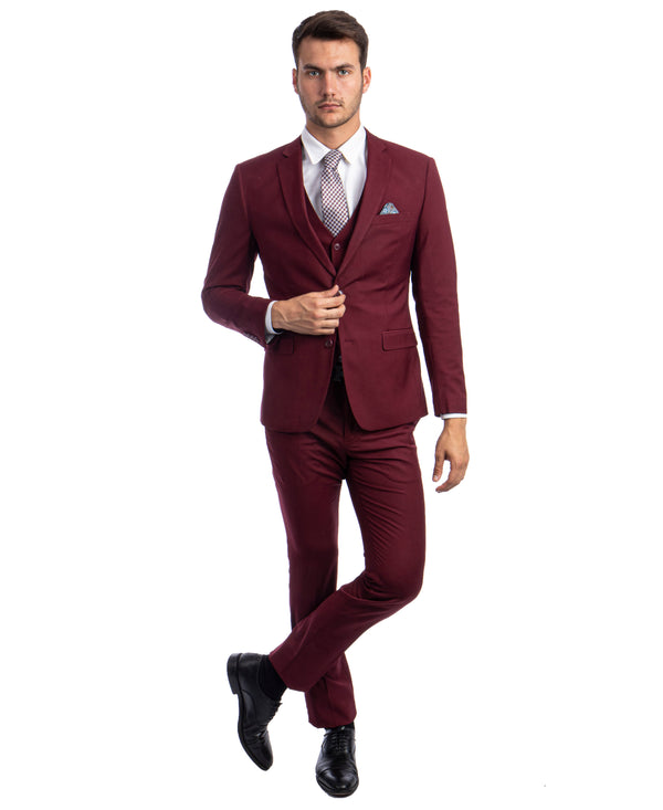 Burgundy 3 PC Solid Suit Skinny Fit Suits