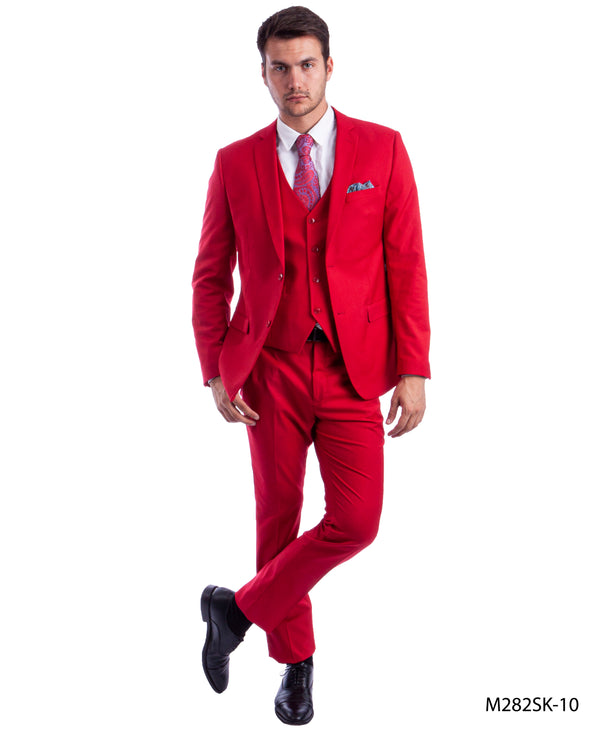 Red 3 PC Solid Suit Skinny Fit Suits