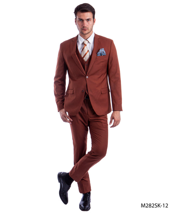 Light Brown 3 PC Solid Suit Skinny Fit Suits