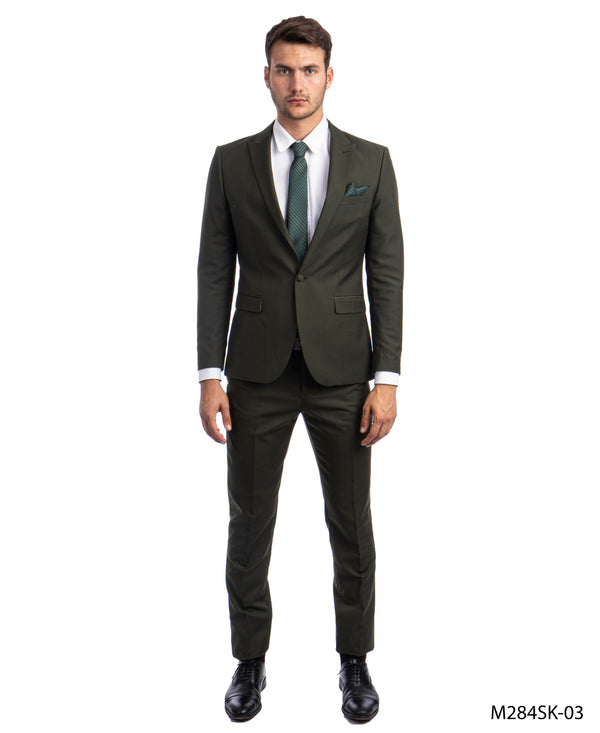 Green 2 PC Solid Suit Skinny Fit Suits