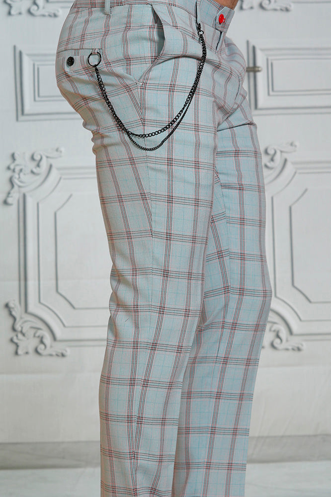 Manzini MZ-121 Slim Fit Plaid Pants Aqua