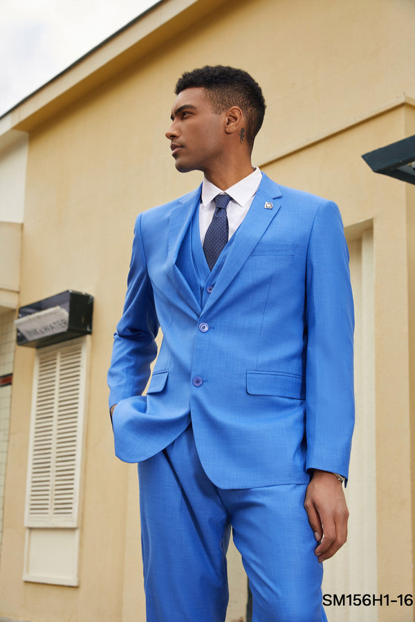 Blue Solid Textured 3 PC Stacy Adams Suit