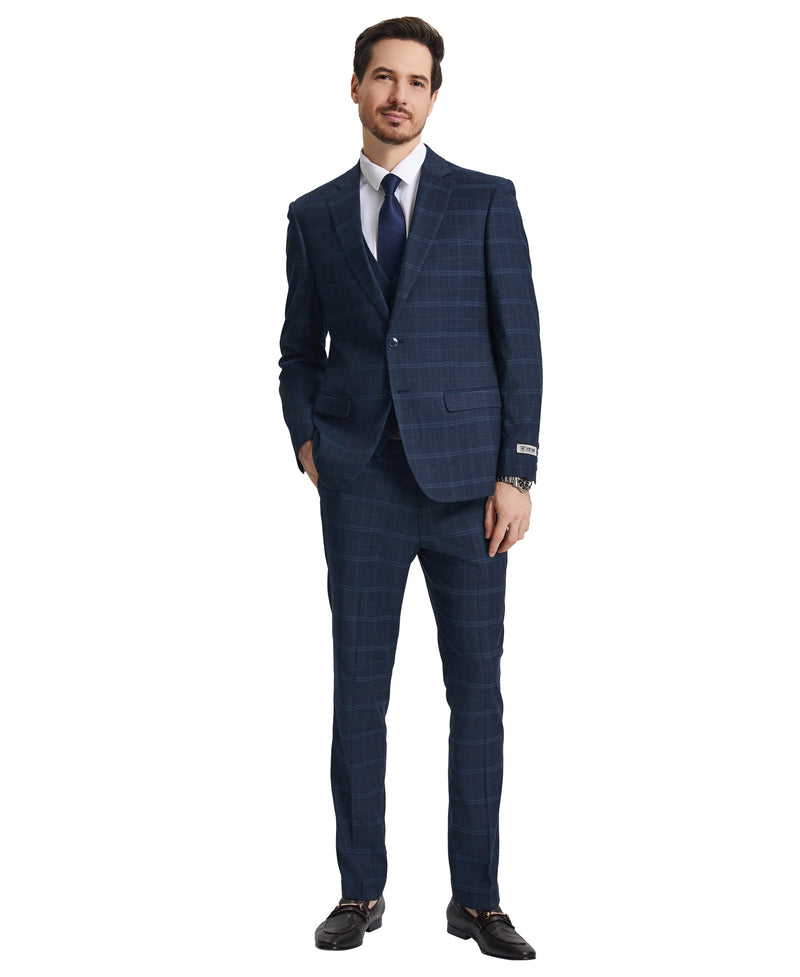 Stacy Adams 3 PC Navy Plaid Mens Suit