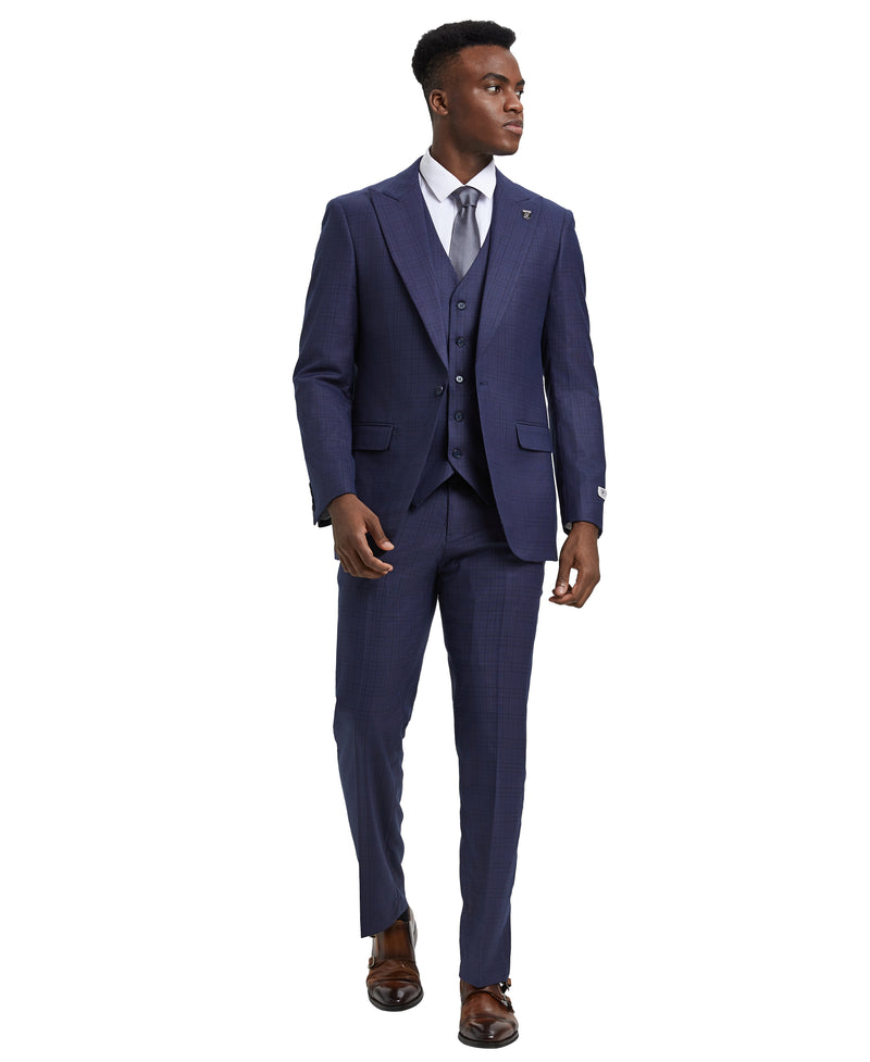 Stacy Adams 3 PC Blue Plaid Mens Suit