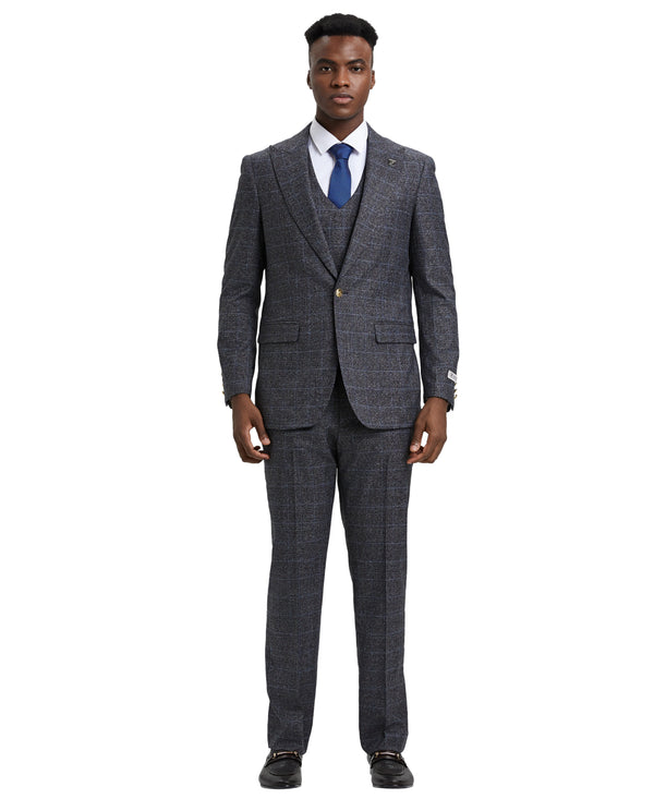 Stacy Adams 3 PC Charcoal Windowpane Mens Suit