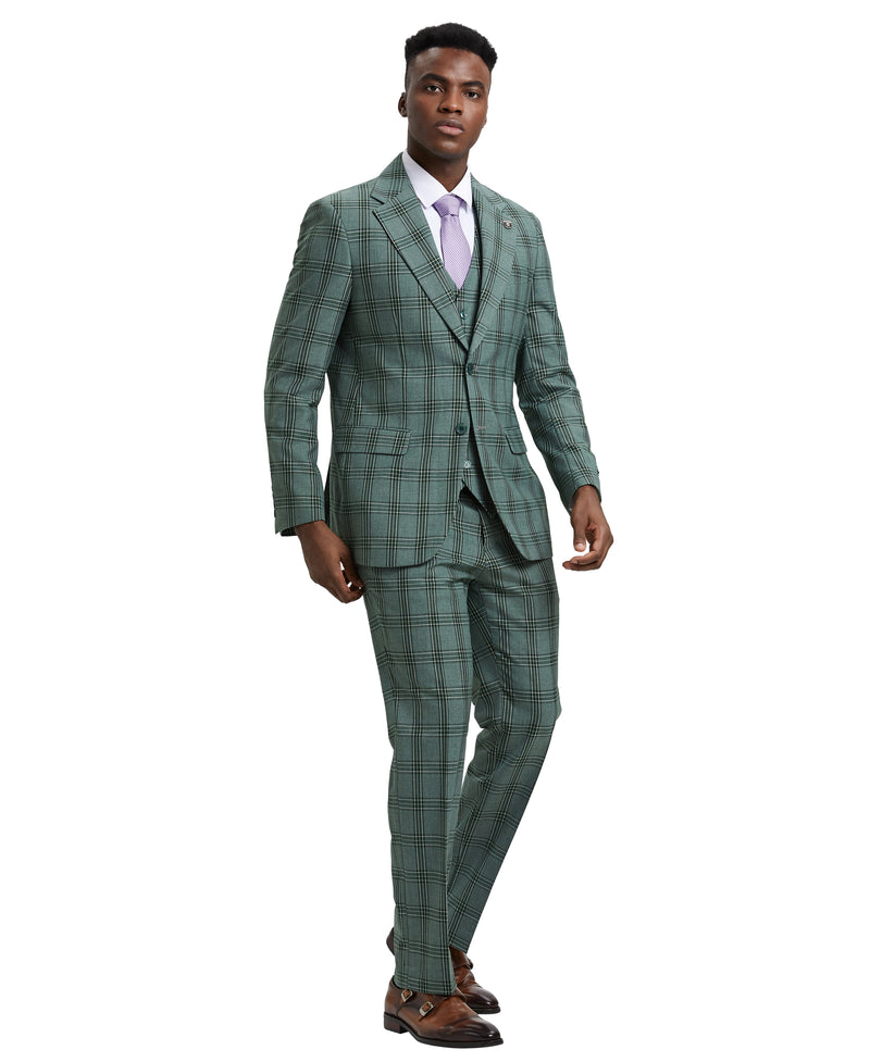 Stacy Adams 3 PC Green Windowpane Mens Suit