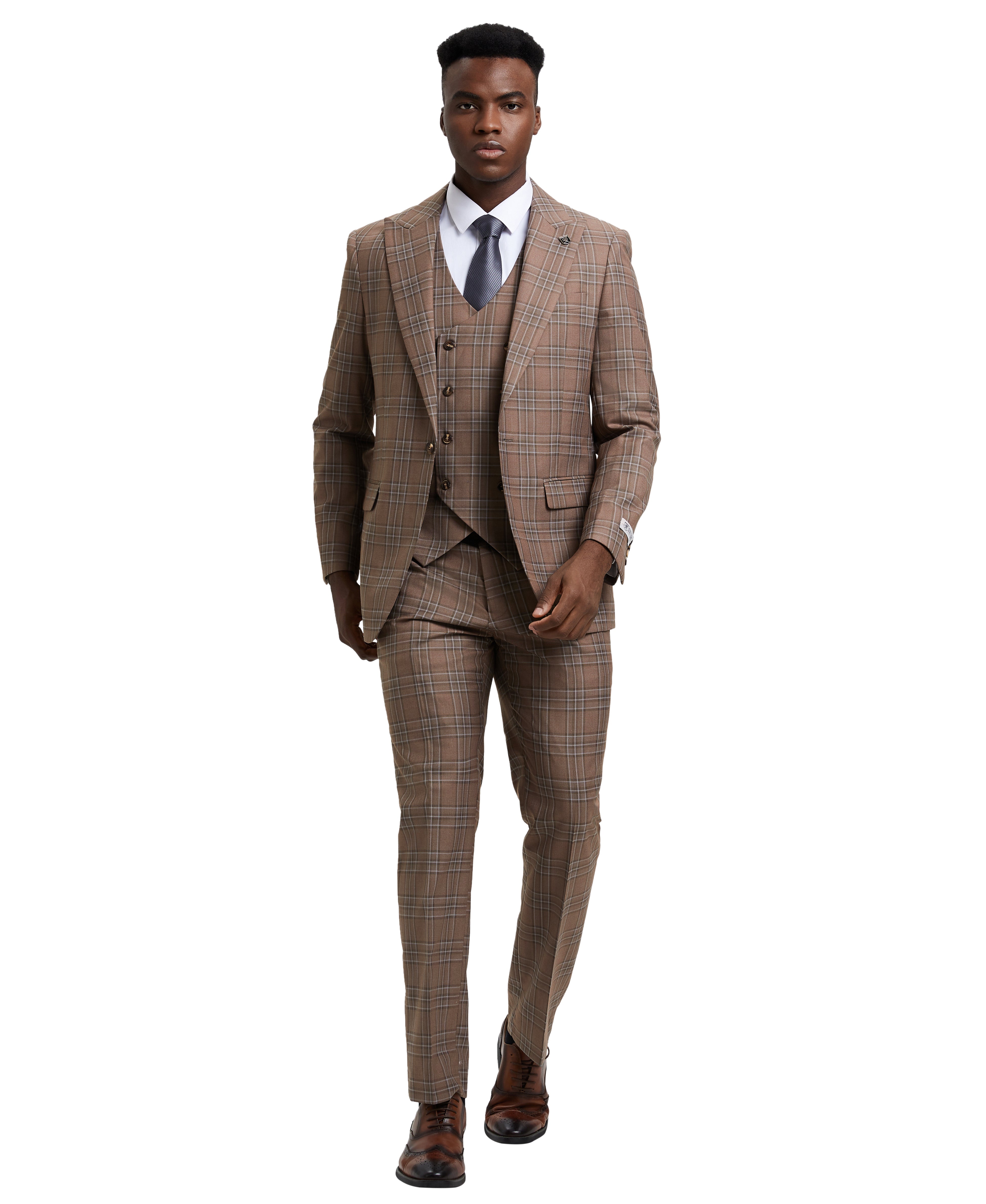 Stacy Adams 3 PC Brown Windowpane Mens Suit – Napoly Menswear