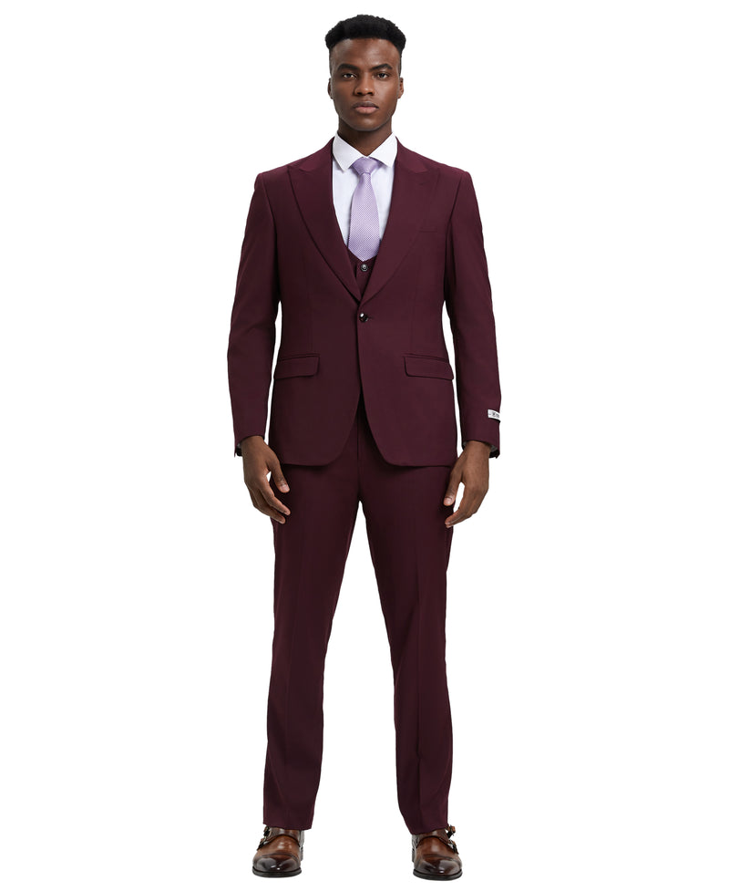 Stacy Adams 3 PC Burgundy Solid w U-Shape Vest Mens Suit