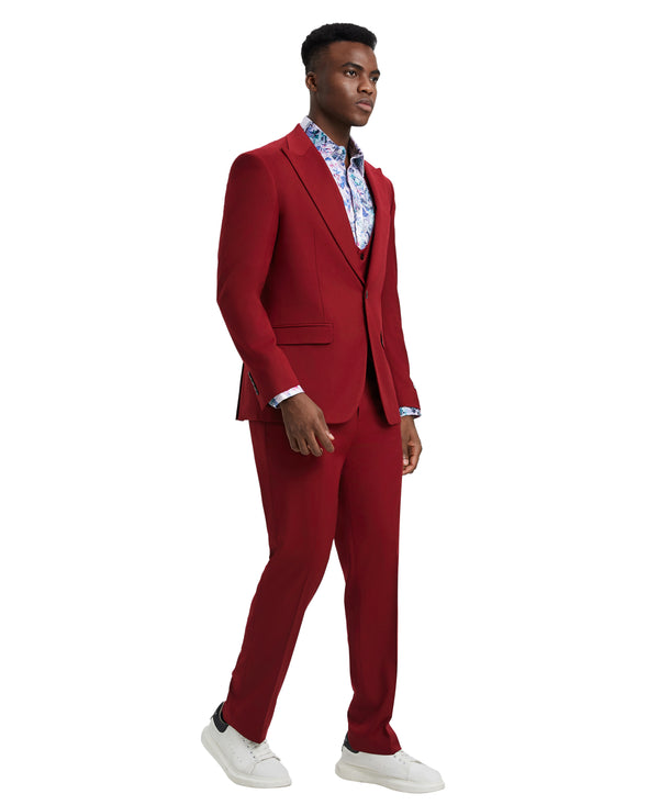Stacy Adams 3 PC Red Solid w U-Shape Vest Mens Suit