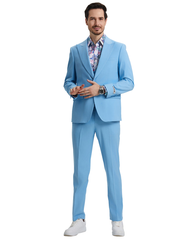 Stacy Adams 3 PC Baby Blue Solid w U-Shape Vest Mens Suit
