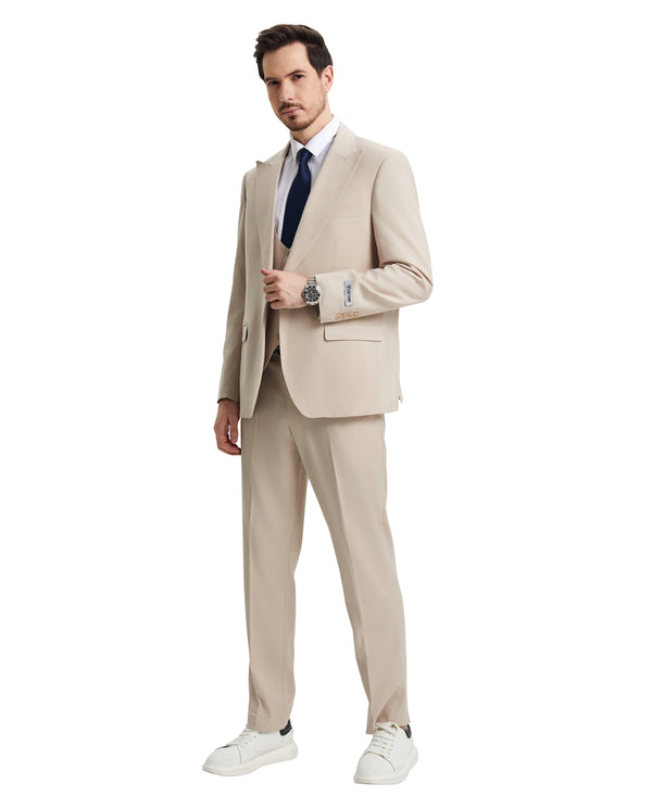 Stacy Adams 3 PC Tan Solid w U-Shape Vest Mens Suit