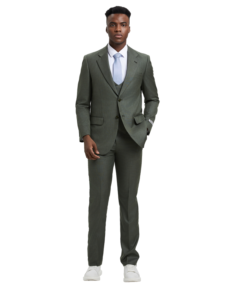 Stacy Adams 3 PC Green Textured w Double Breasted Vest Mens Suit