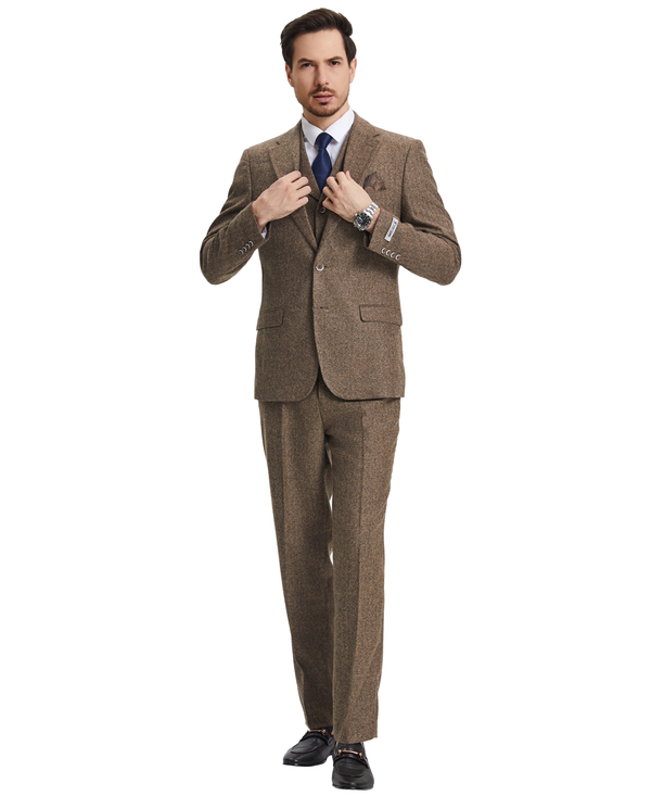 Stacy Adams 3 PC Brown Tweed Mens Suit