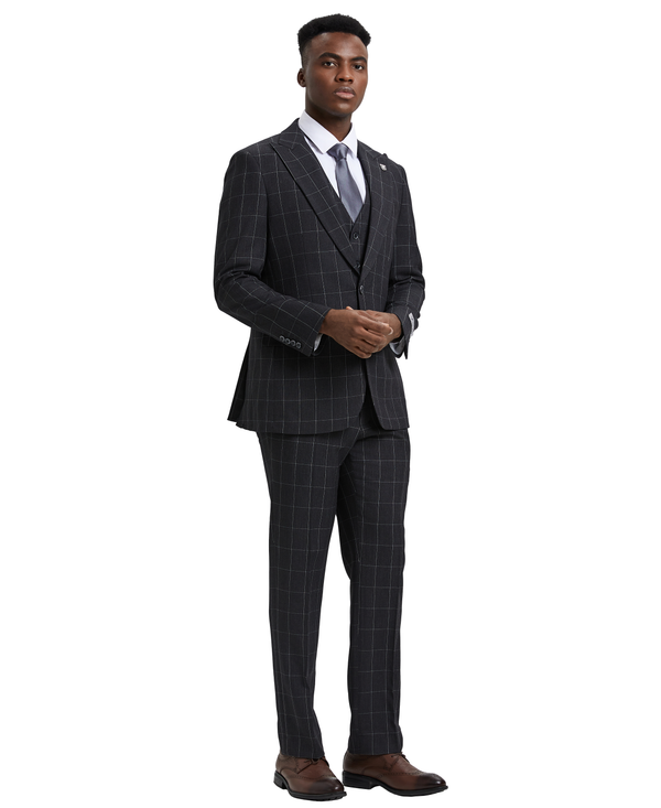 Stacy Adams 3 PC Black Windowpane Mens Suit