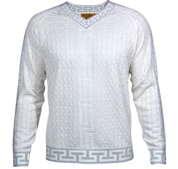Prestige SW-465 L/S V Neck Raglan Greek Sweater White/Silver