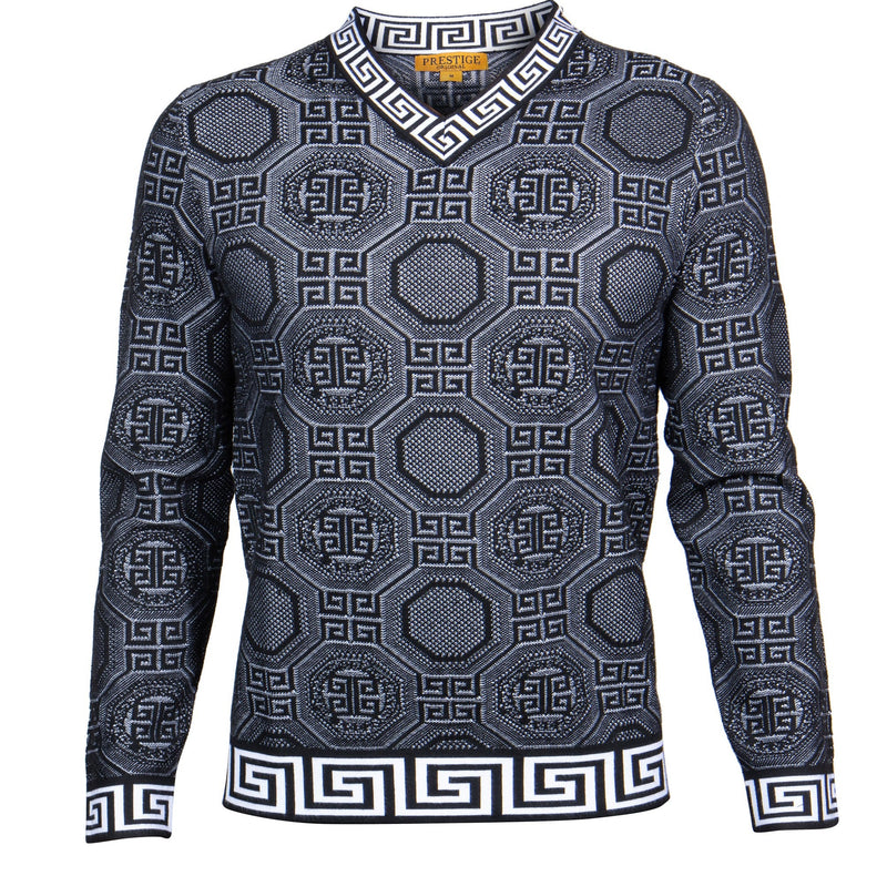 Prestige SW-468 L/S V Neck Greek Textured Sweater Black/White
