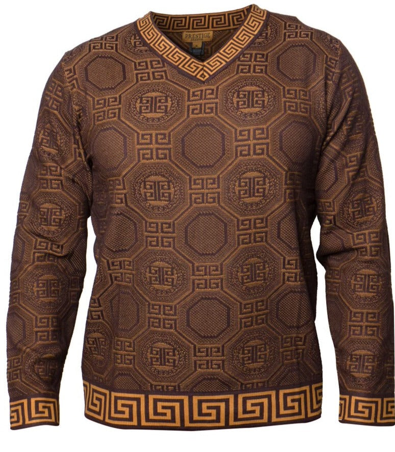 Prestige SW-468 L/S V Neck Greek Textured Sweater Brown