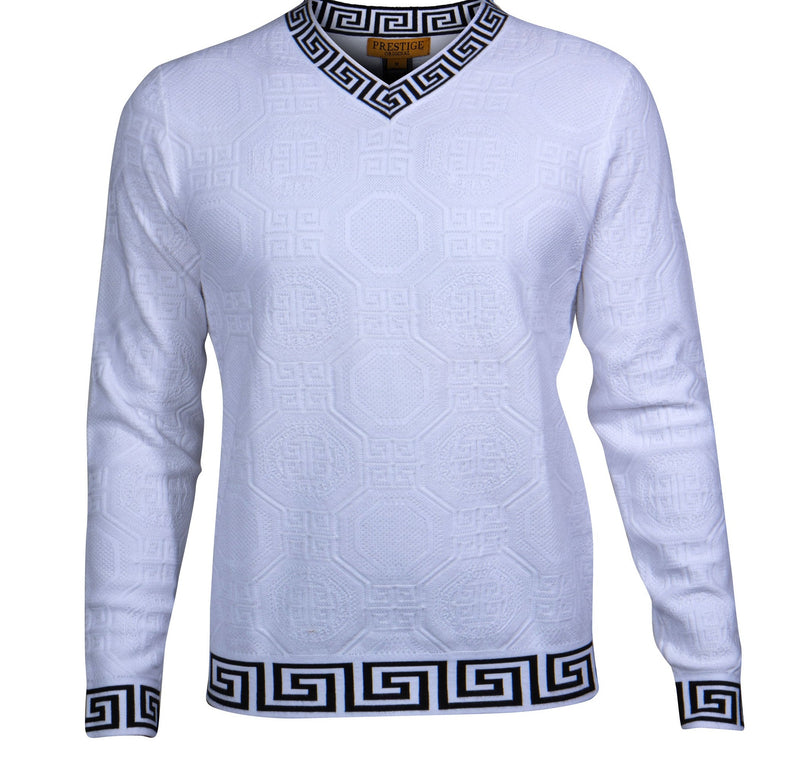 Prestige SW-468 L/S V Neck Greek Textured Sweater White