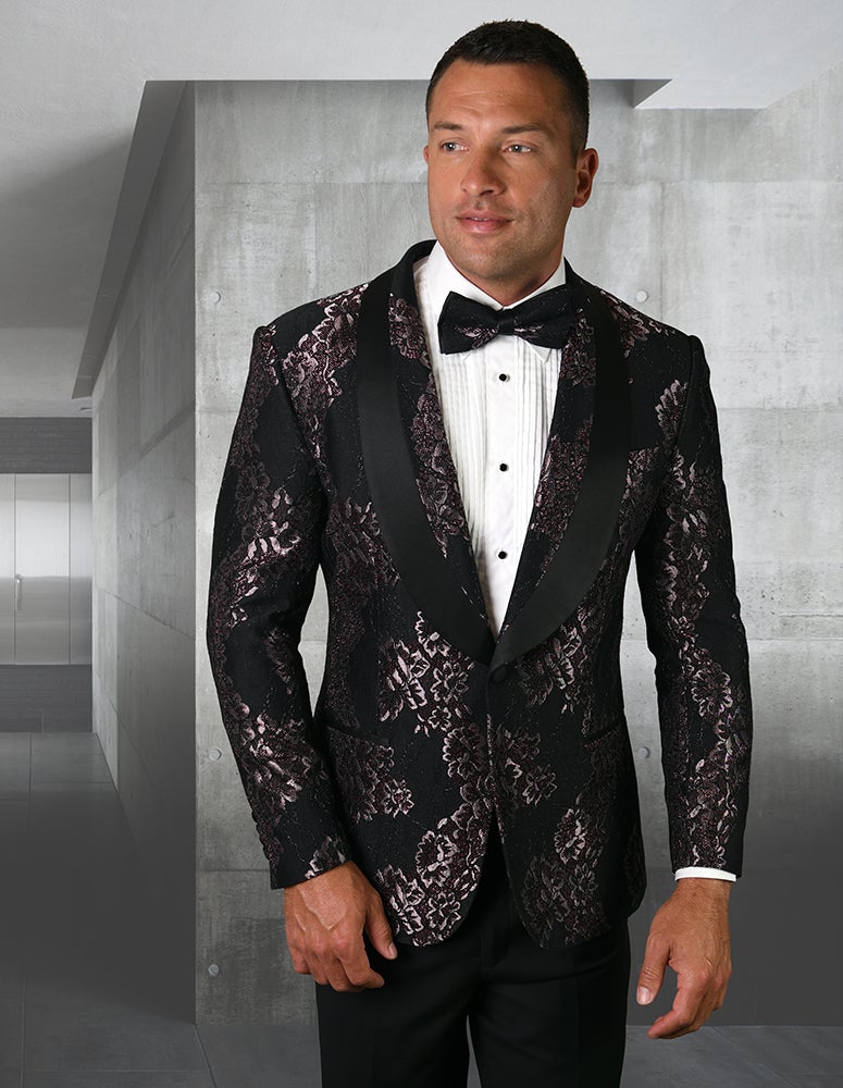 STATMENT I LJ-104 SINGLE JACKET WITH MATCHING BOW TIE I  BLACK-FUSCHIA