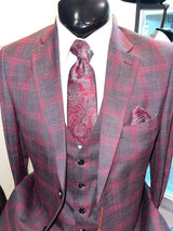 Steven Land SL77-740 Baresi Vested Window Pane Suit Black & Red